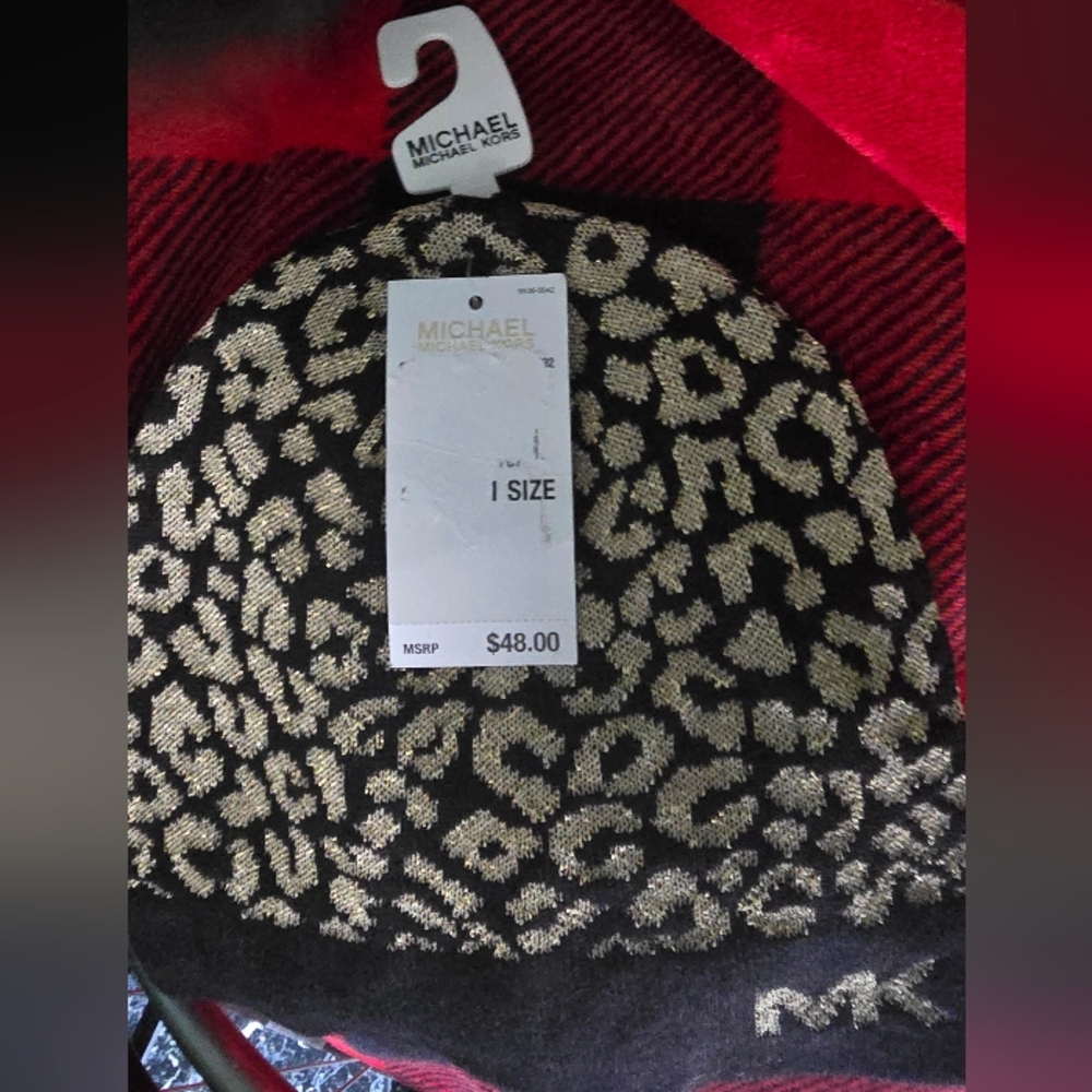 Michael Kors Black and Gold Leopard Print Beanie